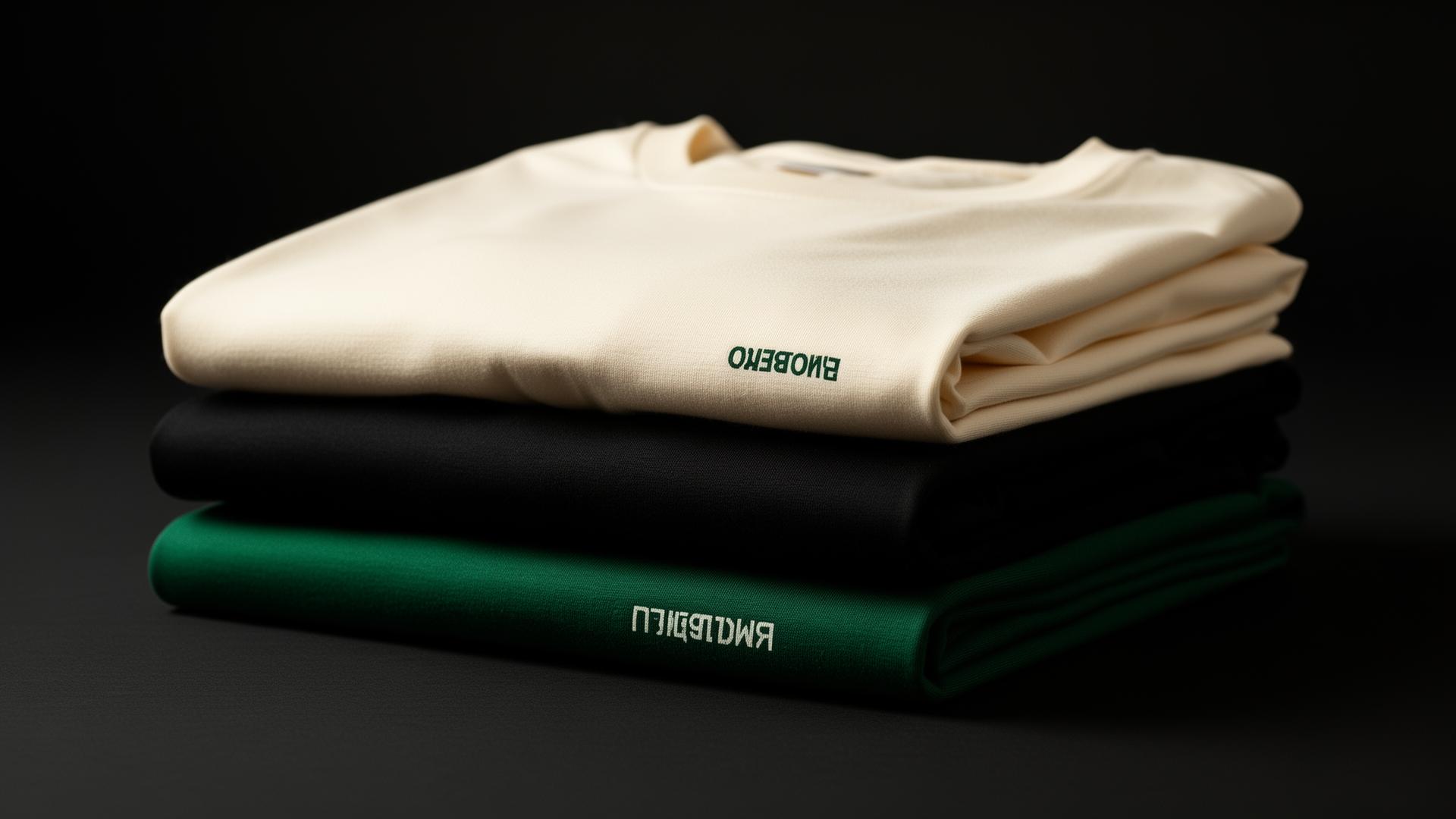 Folded custom printed t-shirts in cream, black and green